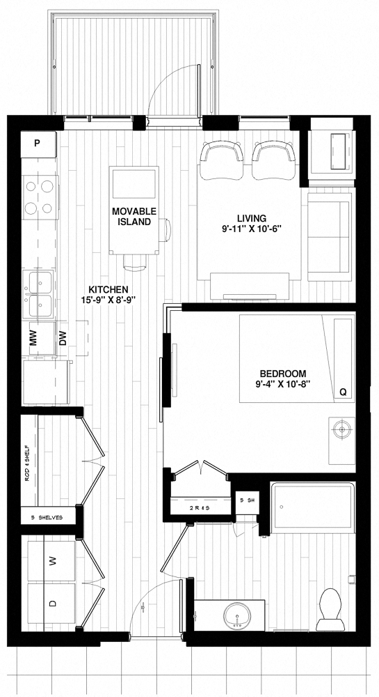 Floor plan for studio, 1 bath, 601 sqft